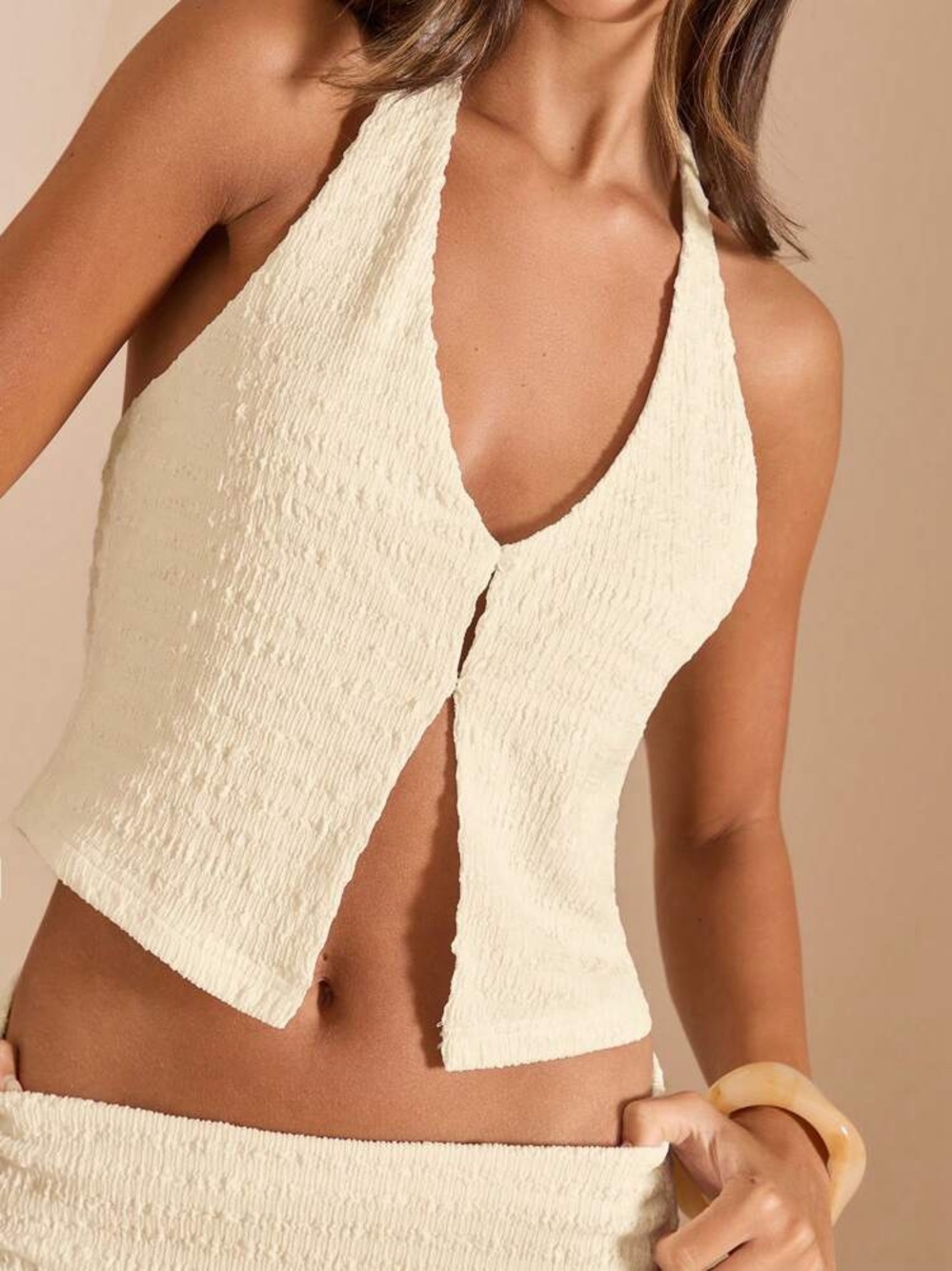 SHEIN Cream Textured Halter Crop Top